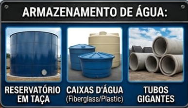 Armazenamento de água: reservatório em taça, caixas d'água, tubos gigantes